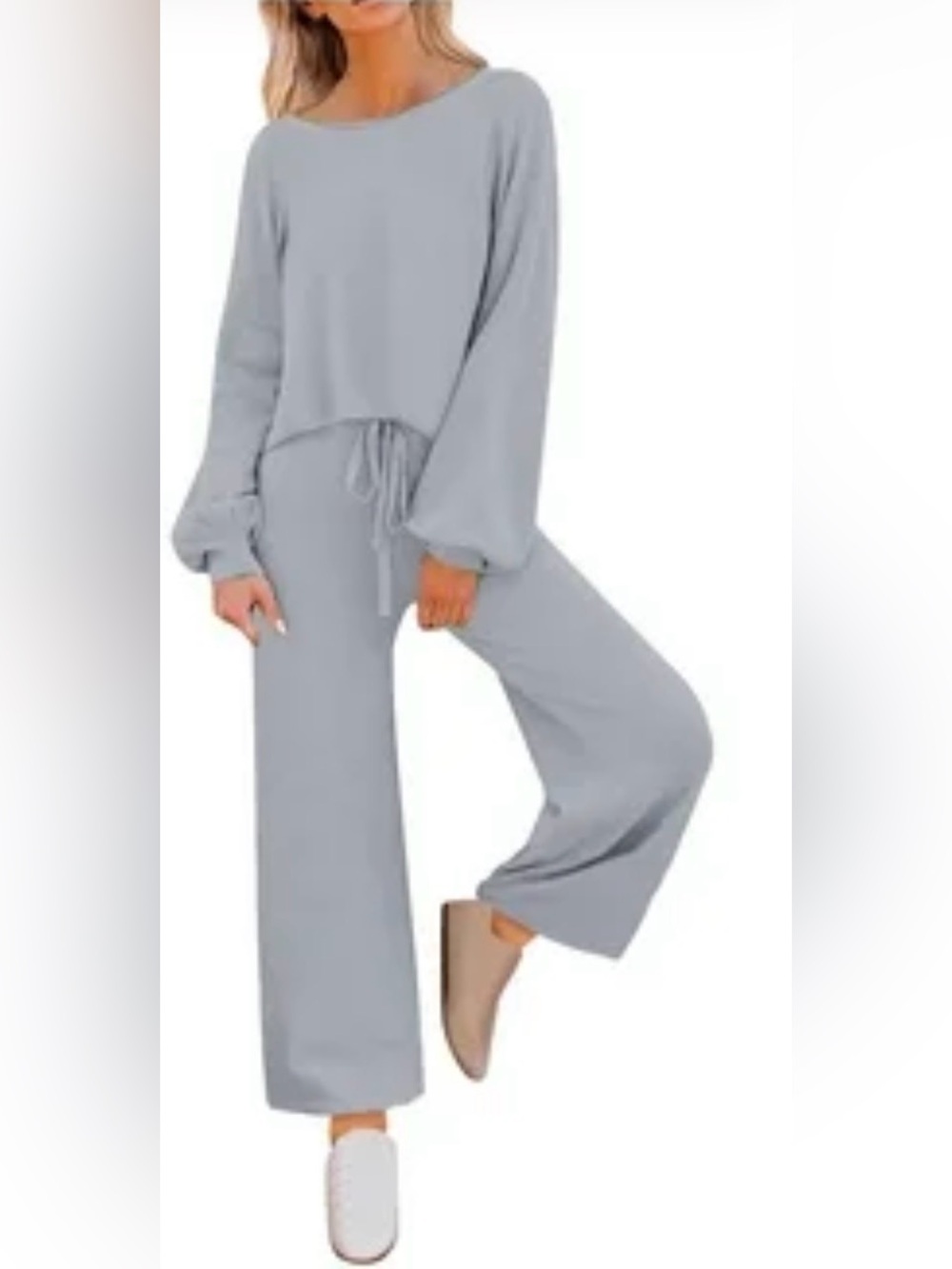 Light Gray Lounge Set - Long Sleeve Top & Wide Leg Pants